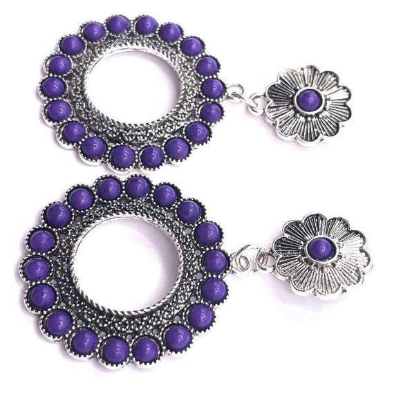 Silver with Purple Turquoise Boho South Western Native Post Back Earrings - Picture 3 of 6